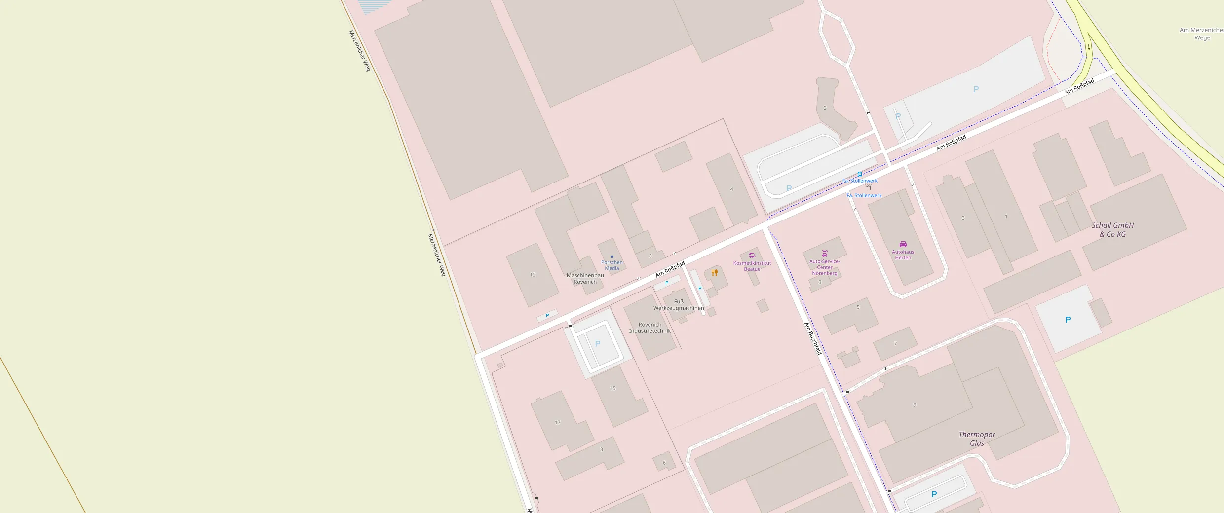 Kartenausschnitt des Gewerbegebiets Girbelsrath in Merzenich. Der Standort von Porschen Media liegt in der Bildmitte an der Straße Am Roßpfad, südwestlich der Kreuzung Am Roßpfad und Am Buschrott.